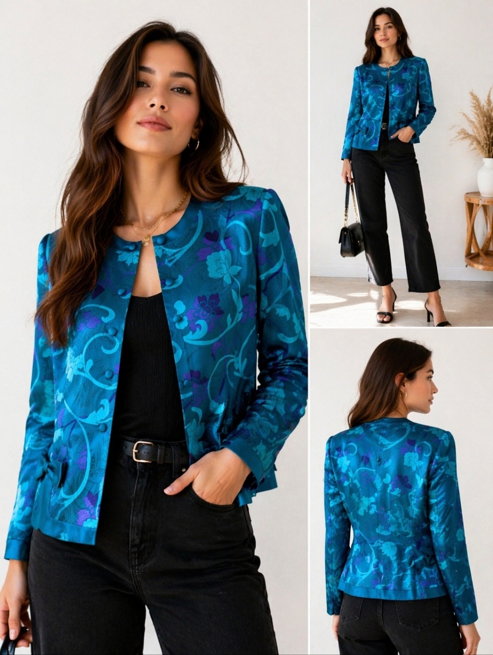 Vintage Adrianna Papell 100% Silk Teal Purple Floral Blouse Jacket Size 12